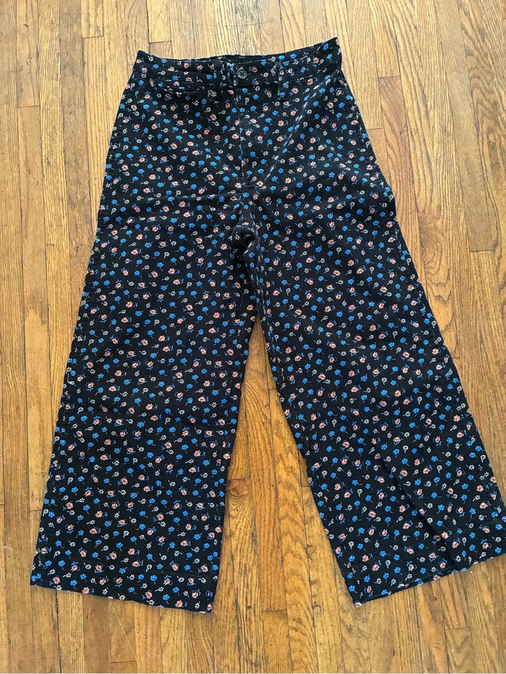 Madewell Black Wide-Leg Floral Pants with Blue and Pink Flowers